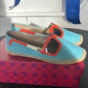 Tory Burch Turquoise and Coral Espadrille Slip-Ons